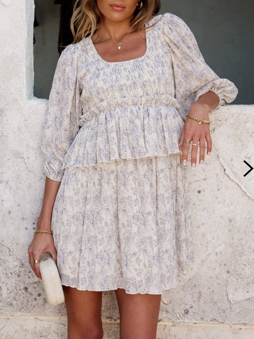 NWT bohme Cream Floral Smocked Tiered Mini Dress size medium